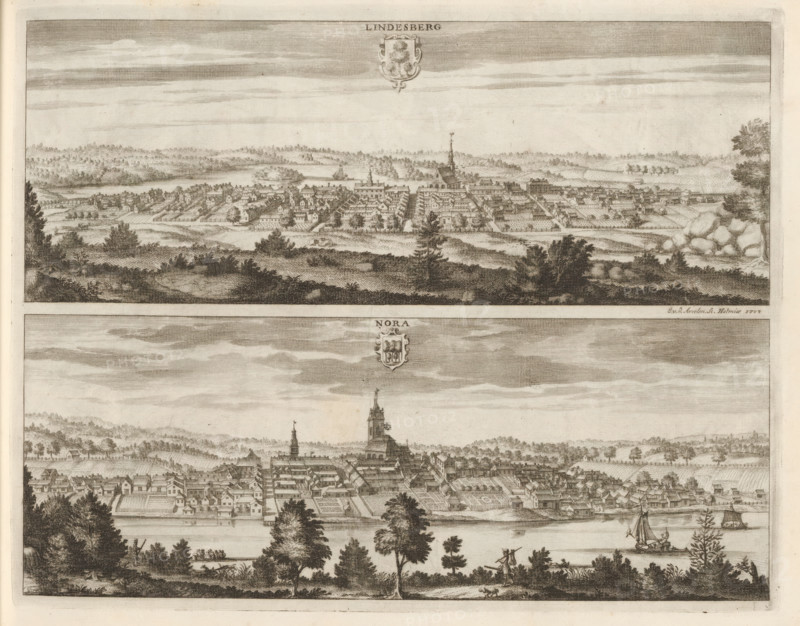View of Lindesberg and Nora, Lindesberg, Nora, Suecia Antiqua et Hodierna, print, album page, printmaker: Johannes Jacobsz van den Aveele, Stockholm, supervision: Erik Jönssen Dahlberg, 1705, paper, etching, height 272 mm x width 348 mm, city-view in general, 'veduta', A horizontal engraving showing two panoramic town views stacked vertically separated by a blank band, each town depicted with rows of buildings, churches with tall spires, clustered houses, gardens, and surrounding trees and fields; the upper view has a foreground of shrubs and uneven terrain leading to a densely arranged town with a prominent church spire and distant wooded hills, while the lower view shows a riverside scene with boats on the water, a shoreline with trees and figures, a detailed town behind the river with streets and gardens, and rolling hills in the background.