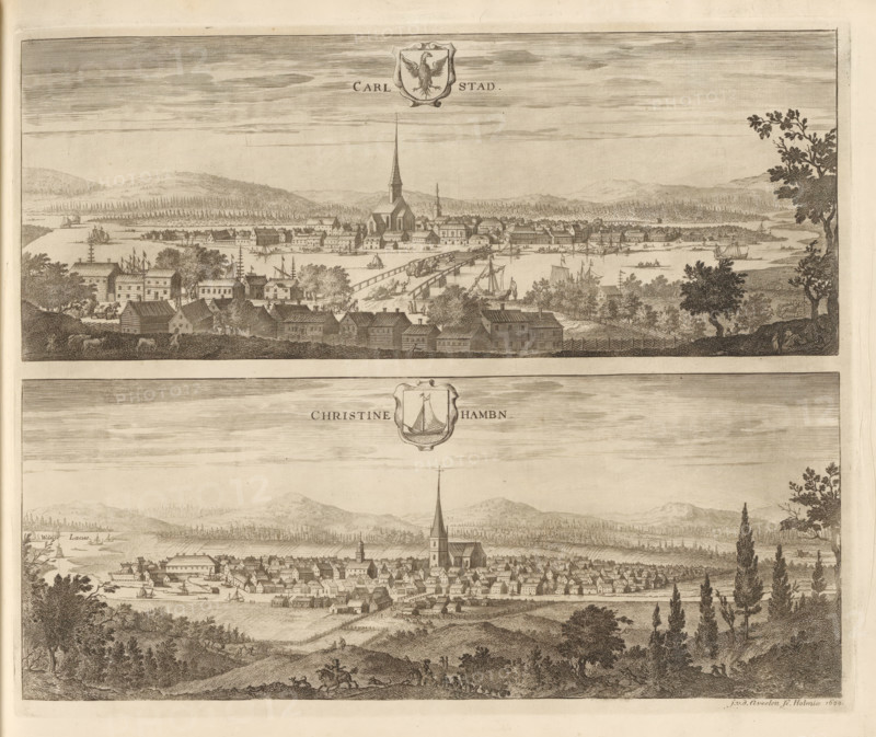 Carlstad, Christinehambn, View of Karlstad and Kristinehamn, Suecia Antiqua et Hodierna, print, album page, printmaker: Johannes Jacobsz van den Aveele, Stockholm, supervision: Erik Jönssen Dahlberg, 1699, paper, etching, height 272 mm x width 335 mm, city-view in general, 'veduta', Karlstad, Kristinehamn, A wide panoramic engraving shows two horizontal cityscapes separated by a blank band, each depicting a waterfront town with clustered buildings and prominent church steeples rising above rows of houses, surrounded by distant rolling hills and tree lines; the upper scene includes a long bridge crossing a body of water with ships and boats moored and sailing nearby, timber buildings and leafy trees in the foreground, and a coat of arms above the town, while the lower scene shows a dense arrangement of rooftops along the shore, small vessels in the water, wooded foreground hills with people and animals, and tall slender trees framing parts of the view.