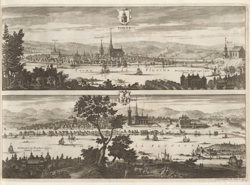 View of Torneå and Umeå, Torne, Uhma, Suecia Antiqua et Hodierna, print, album page, printmaker: Johannes Jacobsz van den Aveele, Stockholm, supervision: Erik Jönssen Dahlberg, 1701, paper, etching, height 271 mm x width 385 mm, city-view in general, 'veduta', Sápmi, Umeå, Torneå, A wide engraved view showing two horizontal cityscapes stacked vertically, each with a river in front of rows of tightly packed buildings and churches with tall steeples, numerous sailing ships and small boats on the water, and hills in the background. Large trees and foliage appear in the foreground between the two scenes, partially obscuring parts of the lower cityscape. Small figures of people and horses appear on land near the water, and several clustered buildings with domes or towers are visible near the riverbanks. Decorative cartouches with heraldic shields are positioned near the top center and between the two scenes. The engraving is monochrome with finely hatched shading and detailed line work thro...