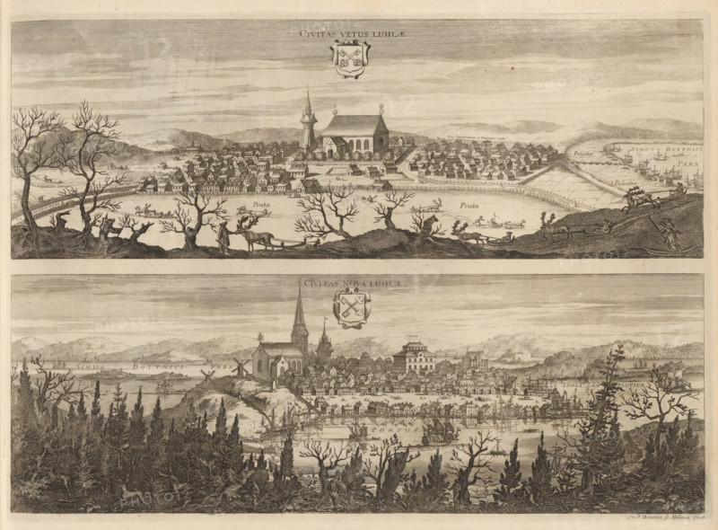 Civitas vetus Luhlae, Civitas nova Luhlae, View of Luleå, the old and new town, Suecia Antiqua et Hodierna, print, album page, printmaker: Johannes Jacobsz van den Aveele, Stockholm, supervision: Erik Jönssen Dahlberg, 1700, paper, etching, height 267 mm x width 376 mm, city-view in general, 'veduta', Lulea, A wide, detailed engraved view of two panoramic town scenes stacked vertically, each showing clusters of small buildings, larger church-like structures with steeples, and surrounding landscape; the upper scene features a row of bare trees in the foreground, open fields, boats on a body of water, a fortified town with many rooftops and a prominent large building, and distant rolling hills under a lined sky; the lower scene shows denser tree cover in the foreground, a harbor with multiple sailing ships and smaller boats, rows of tightly packed houses climbing a slope toward several churches and larger civic buildings, rocky outcrops and windmills near the shoreline, and a patterned s...