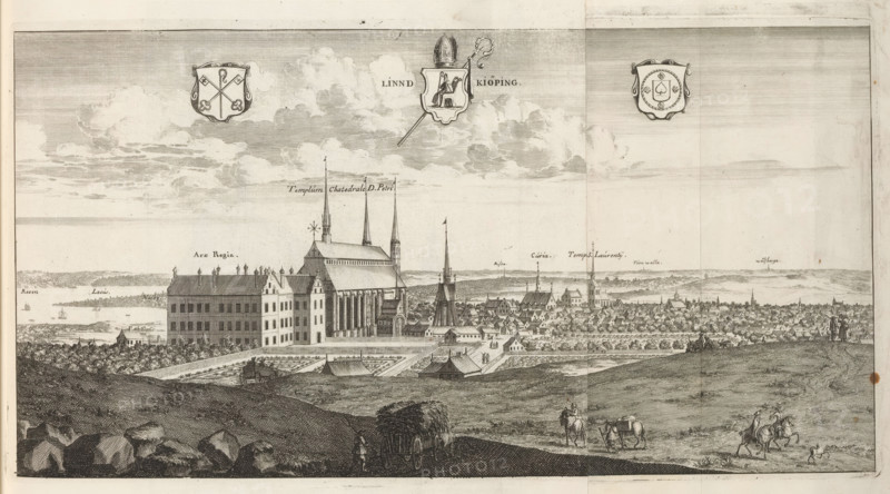 View of the city Linköping, Linndkiöping, Suecia Antiqua et Hodierna, print, album page, printmaker: Willem Swidde, supervision: Erik Jönssen Dahlberg, 1697, paper, etching, height 220 mm x width 418 mm, city-view in general, 'veduta', Linköping, A wide horizontal engraving shows an elevated view of a town with a large ornate building and cathedral with multiple tall spires near the center, surrounded by rows of smaller buildings and trees extending into the distance; in the foreground a sloping grassy hill with scattered rocks occupies the bottom edge, where small groups of people and riders on horses are visible, along with a horse-drawn cart and a figure standing beside it; terraces, gardens, and walls lie between the hill and the main buildings, and the sky above contains layered clouds and three decorative heraldic shields positioned across the upper area.