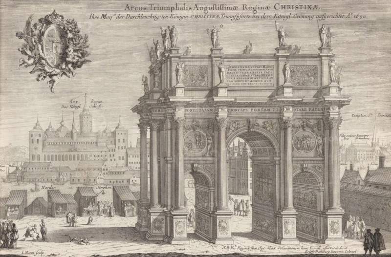 Triumphal Arch of Christina I of Sweden, Arcus Triumphalis Augustissimae Reginae Christinae, Ihre Maij.tt der Durchleuchtigsten Königin Christinae Triumfpforte bei dero Königl. Crönung aufgerichtet Ao 1650, Suecia Antiqua et Hodierna, print, album page, Triumphal arch of Christina I of Sweden with, on the left, the Tre Kronor castle in Stockholm., printmaker: Jean Marot (I), supervision: Erik Jönssen Dahlberg, 1667, paper, etching, height 270 mm x width 382 mm, Person, Christina I (Queen of Sweden), triumphal arch, Stockholm, Södermalm, Norrmalm, Gamla stan, Slot Tre Kronor, A large engraved archway with ornate columns and sculpted statues atop the structure occupies the right side, showing detailed reliefs, round medallions, and open arch passages revealing smaller architectural elements and distant towers; on the left a riverside town with clustered buildings, domed and spired structures, and a prominent castle-like complex rises behind rows of waterfront houses and small market stal...