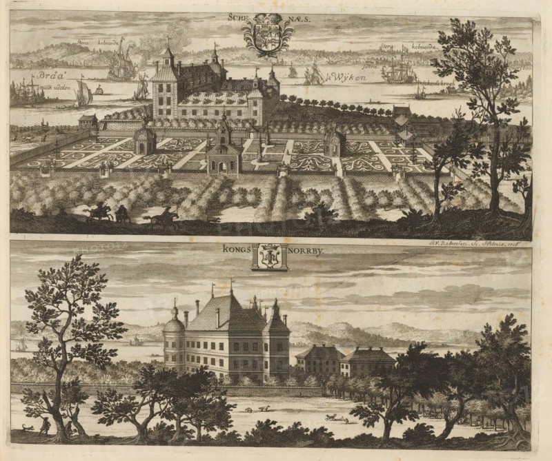 Schenaes, Kongs Norrby, View of Skenäs Castle and Kungs Norrby Castle, Suecia Antiqua et Hodierna, print, album page, printmaker: Johannes Jacobsz van den Aveele, Stockholm, supervision: Erik Jönssen Dahlberg, 1706, paper, etching, height 279 mm x width 335 mm, housing, Norrköping, Motala, Slot Kungs Norrby, Slot Skenäs, A wide engraved scene showing two horizontal views stacked vertically, each depicting a large multi-story stone building with steep roofs and decorative towers set beside a body of water; the upper view includes a formal enclosed garden with symmetrical patterned beds, small pavilion structures, rows of trees, and a distant shoreline with sailing ships, while the lower view shows a similar large building partially obscured by tall leafy trees in the foreground, a fenced area, people walking near the shore, and boats on the water; both views include detailed foliage, figures, and architectural ornamentation rendered in fine line work.