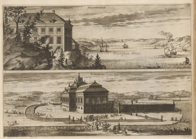 Moritzbærgh, Norsholm, View of Mauritzberg Castle and Norsholm Manor, Suecia Antiqua et Hodierna, print, album page, printmaker: Johannes Jacobsz van den Aveele, Stockholm, supervision: Erik Jönssen Dahlberg, 1705, paper, etching, height 268 mm x width 380 mm, housing, Norrköping, Norsholm Manor, Mauritzberg Castle, The image shows two horizontal engraved views stacked one above the other. In the upper view a large multi-windowed building sits on a rocky, tree-studded promontory overlooking a body of water with several sailing ships, smaller boats, and distant shorelines; clouds streak the sky and vegetation and rocky outcrops occupy the foreground near the building. The lower view depicts a large classical building with a balustraded terrace and formal entrance facing a curved garden or courtyard with pathways and scattered figures; carts, horses, and groups of people move along a bridge or causeway leading to the building, and boats and low hills appear on the distant water under a l...