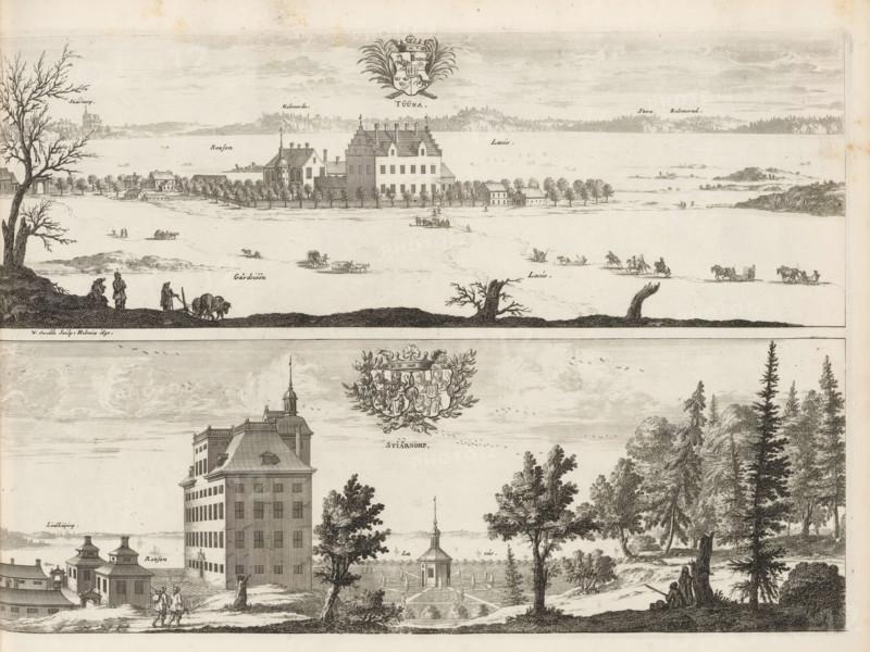 Tuuna, Stiärnorp, View of the Tuna estate and Stjärnorp castle, Suecia Antiqua et Hodierna, print, album page, printmaker: Willem Swidde, Stockholm, supervision: Erik Jönssen Dahlberg, 1697, paper, etching, height 266 mm x width 385 mm, housing, Linköping, Landgoed Tuna, Slot Stjärnorp, A wide, detailed black and white engraving showing two horizontal scenes separated by a blank band, with the upper scene depicting a waterfront view of a large multi-story building with stepped gables and a fenced tree-lined perimeter, smaller houses nearby, a calm expanse of water beyond with tiny boats and figures traveling across it, low distant shorelines, and people and animals on the foreground ice including figures walking and horse-drawn sleighs; the lower scene shows a tall rectangular building with many windows beside a formal garden with a small pavilion and pathways, groups of trees framing the right side, people walking near the buildings, a decorative coat of arms centered between the two ...