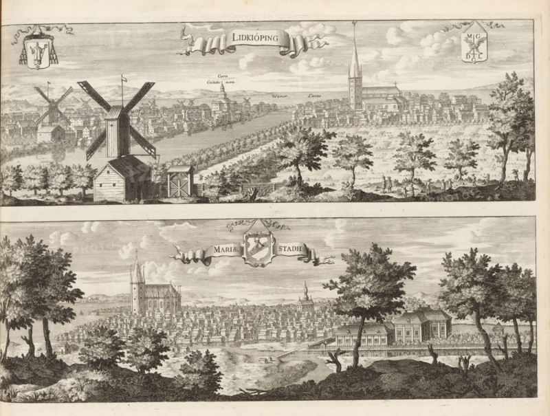 Lidkiöping, Mariaestadh, View of the towns of Lidköping and Mariestad, Suecia Antiqua et Hodierna, print, album page, printmaker: Willem Swidde, supervision: Erik Jönssen Dahlberg, 1697, paper, etching, height 272 mm x width 395 mm, city-view in general, 'veduta', Mariestad, Lidköping, A wide engraving showing two horizontal cityscapes stacked vertically, each framed by trees and open land in the foreground; the upper scene features a riverside town with clustered buildings, a tall church tower, a large windmill with visible sails and wooden structures near the riverbank, rows of trees along a pathway, scattered small figures walking and standing, and two decorative shields in the sky area, while the lower scene presents a dense town of closely packed houses, a prominent church with a tall tower rising above the rooftops, a waterfront area with a fenced compound and classical-style buildings, winding water channels leading into the town, and foreground trees and rocky ground with veget...
