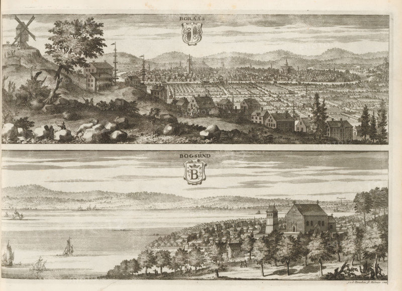 View of the towns of Borås and Ulricehamn, Boråås, Bogsund, Suecia Antiqua et Hodierna, print, album page, printmaker: Johannes Jacobsz van den Aveele, Stockholm, supervision: Erik Jönssen Dahlberg, 1703, paper, etching, height 260 mm x width 381 mm, city-view in general, 'veduta', Ulricehamn, Borås, A wide horizontal engraving divided into two main landscape panels showing coastal town views from an elevated vantage; the upper panel depicts a hillside foreground with scattered rocks, trees, grazing sheep, a windmill on a hill, and small figures, then a midground of clustered houses, masts of ships rising near waterfront buildings, and a densely built town with church towers and rows of gardens extending toward rolling hills in the distance; the lower panel shows a broad body of water with sailing vessels, a distant wooded shoreline, and a foreground promontory with a large church-like building, a tall tower, rows of compact houses, tree-lined paths, and small human figures among the t...