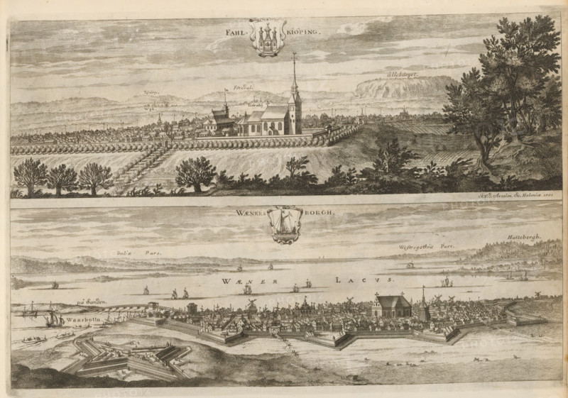 Fahlkiöping, Waenersborgh, View of the towns of Falköping and Vänersborg, Suecia Antiqua et Hodierna, print, album page, printmaker: Johannes Jacobsz van den Aveele, Stockholm, supervision: Erik Jönssen Dahlberg, 1701, paper, etching, height 260 mm x width 382 mm, city-view in general, 'veduta', Winnersburg, Falköping, A wide engraved scene divided into horizontal bands showing a fortified town and surrounding landscape, with the upper band featuring a distant walled settlement dominated by a large church with a tall spire and adjacent buildings, rows of trees and planted avenues in front, and clusters of trees framing the right edge; the middle band depicting an expanse of water with small sailing vessels and low shoreline silhouettes, with a decorative cartouche above the water; the lower band presenting a detailed waterfront town protected by bastioned fortifications, packed buildings and churches, docks with ships and boats, and foreground earthwork defenses, all rendered in fine l...