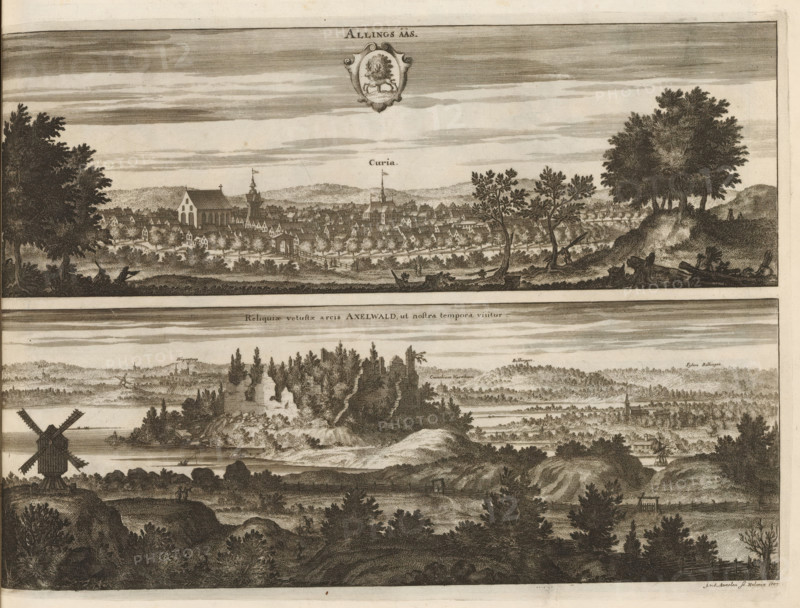 Allingsåås, Reliquiæ vetustæ arcis Axelwald, ut nostra tempora visitur, View of the town of Alingsås and the ruins of the castle, Suecia Antiqua et Hodierna, print, album page, printmaker: Johannes Jacobsz van den Aveele, Stockholm, supervision: Erik Jönssen Dahlberg, 1707, paper, etching, height 274 mm x width 380 mm, city-view in general, 'veduta', landscape with ruins, Alingsås, A wide engraved landscape showing two horizontal bands separated by a blank strip, the upper band depicting a town seen from a distance with rows of small pitched-roof houses, a larger church-like building and a tower rising above the rooftops, trees framing the town at both left and right edges, a cluster of taller trees on a small hill at the right foreground and scattered trees and low vegetation along the nearer ground, a cloudy sky rendered with horizontal lines above. The lower band shows a varied rural scene with a windmill on a hill at the left, a body of water with small boats, an island or rocky pr...