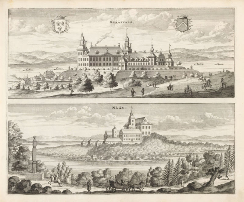 Grääsnääs, Nääs, View of Gräfsnäs Castle and Nääs Castle, Suecia Antiqua et Hodierna, print, album page, printmaker: Willem Swidde, supervision: Erik Jönssen Dahlberg, 1697, paper, etching, height 281 mm x width 342 mm, housing, Alingsås, Slot Gräfsnäs, Nääs Castle, A wide engraved scene showing two horizontal views stacked vertically, each depicting a large multi-towered mansion or castle on raised ground by a body of water, with surrounding outbuildings, trees, and distant hills under a sky with clouds; the upper view features a formal building with multiple domed turrets, a fortified embankment, a small village at the waterline, scattered trees on grassy slopes, small groups of people walking and standing, a few figures on horseback in a flat area, and coats of arms above the building; the lower view shows a similar manor on a wooded hill above a wide river, shoreline buildings and boats on the water, dense clusters of trees in the foreground, a tall columnar monument on a block bas...