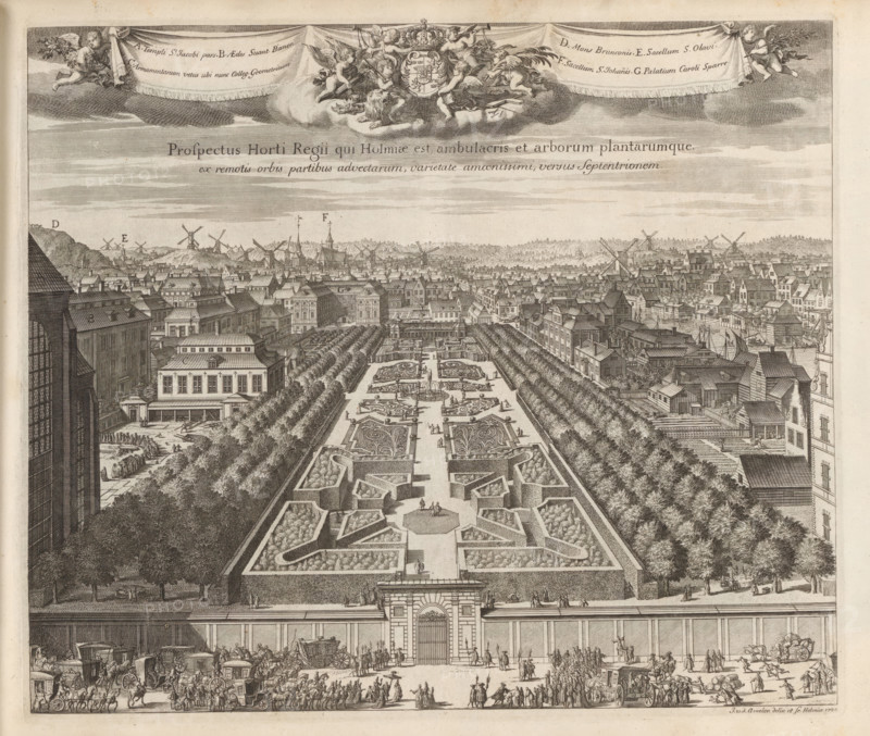 Prospectus amœnissimi Horti Regii qui Holmiae est, versus meridiem, View of the Kungsträdgården in Stockholm, from the south, Suecia Antiqua et Hodierna, print, album page, View of the Kungsträdgården or King's Garden in Stockholm., printmaker: Johannes Jacobsz van den Aveele, Stockholm, after drawing by Johannes Jacobsz van den Aveele, supervision: Erik Jönssen Dahlberg, 1700, Johannes Jacobsz van den Aveele, Erik Jönssen Dahlberg, printmaker, after drawing by, supervision, paper, etching, height 286 mm x width 335 mm, garden, Kungsträdgården, A wide engraved view shows a formal garden with symmetrical parterres, hedged pathways, ornamental beds, fountains, and groups of small human figures; the garden is flanked by rows of trees and enclosed by walls with a large ornate gateway at the center front. Behind the garden a dense cityscape of tightly packed buildings, rooftops, steeples, and windmills extends toward the horizon, with boats and waterfront structures visible to the right. Th...