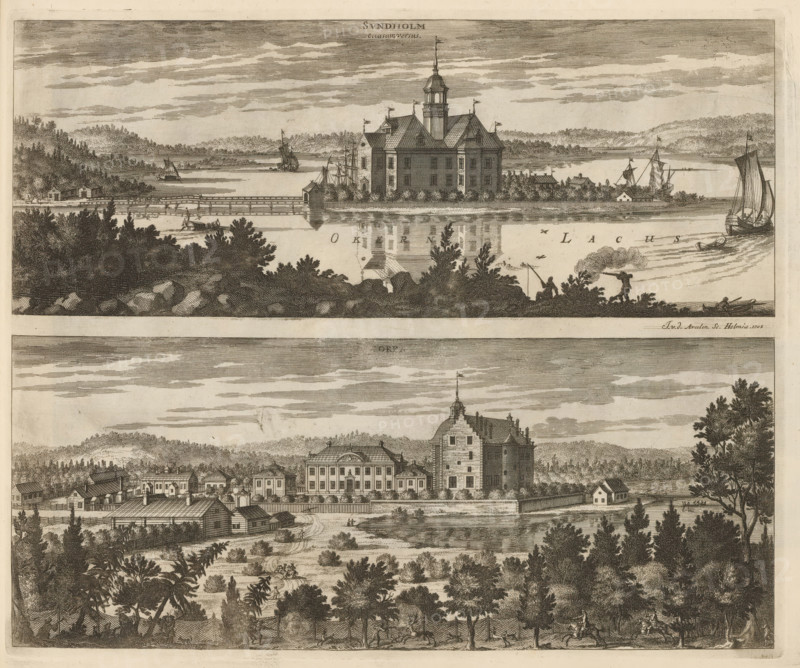 Sundholm occasum versus, Torpa, View of Sundholm Castle and Torpa Castle, Suecia Antiqua et Hodierna, print, album page, printmaker: Johannes Jacobsz van den Aveele, Stockholm, supervision: Erik Jönssen Dahlberg, 1705, paper, etching, height 279 mm x width 337 mm, housing, Borås, Slot Sundholm, Slot Torpa, Langhem, A detailed engraved scene shows two horizontal panels stacked vertically, each depicting a waterfront with buildings and landscape. In the upper panel a large fortified house with a central tower and steep roofs sits on a narrow strip of land jutting into calm water, surrounded by trees and a low fence, with small boats and sailing ships in the water nearby and a distant tree-covered shoreline under a banded sky; the foreground across the water shows rocky shore, dense shrubbery, figures fishing from the bank, a person carrying a bundle, and a small rowboat with a seated figure. The lower panel presents a larger estate complex with a prominent multi-story building and an adj...