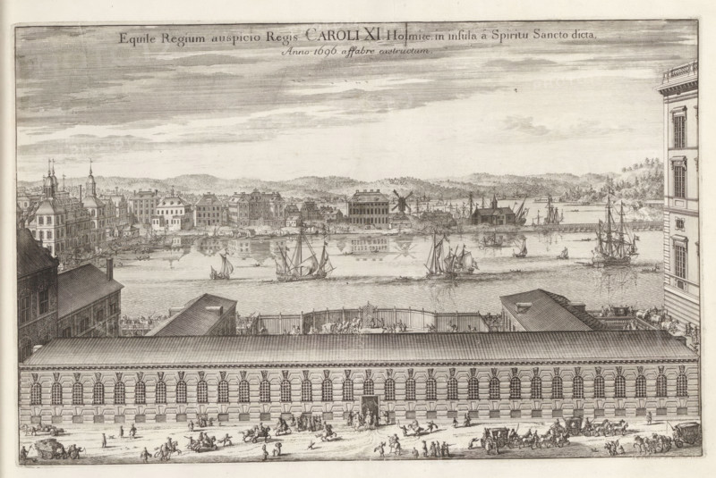 Equile Regium auspicio Regis Caroli XI, built on Helgeandsholmen in Stockholm. Behind it ships on the water., printmaker: Johannes Jacobsz van den Aveele, Stockholm, supervision: Erik Jönssen Dahlberg, 1698, paper, etching, height 227 mm x width 355 mm, ships (in general), stall, stable, Helgeandsholmen, A wide engraved view shows a large ornate building with a long facade of arched windows in the foreground and a busy street in front with carriages, riders, and pedestrians. Behind the building a fenced terrace with small groups of people and decorative elements faces a wide body of water where multiple sailing ships and smaller boats are afloat, some with raised sails and reflected in the water. Across the water a row of varied buildings, including structures with steep roofs and towers, lines the shore, and a windmill and several dockside buildings and masts are visible. Hills and scattered trees form the distant background beneath a sky with horizontal cloud bands. The image is rend...