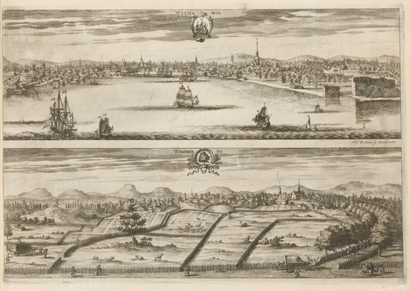 View of the cities of Västervik and Vimmerby, Westerwik, Wimmerby, Suecia Antiqua et Hodierna, print, album page, printmaker: Johannes Jacobsz van den Aveele, Stockholm, supervision: Erik Jönssen Dahlberg, 1707, paper, etching, etching in two parts, folded, height 259 mm x width 377 mm, city-view in general, 'veduta', Västervik, Vimmerby, A wide engraved scene divided into two horizontal views separated by a decorative emblem; the upper view shows a waterfront town with rows of small houses and steeples along a shoreline, ships with sails and masts sailing and anchored in the water, a large fortlike building on the right edge by the water, and distant hills under a banded sky. The lower view depicts a pastoral landscape with fenced fields, winding lanes, scattered farmhouses and a clustered village on a low ridge, figures walking and working, grazing livestock, a cart drawn by animals on a road in the foreground, and a backdrop of rolling hills and trees beneath a sky with horizontal c...