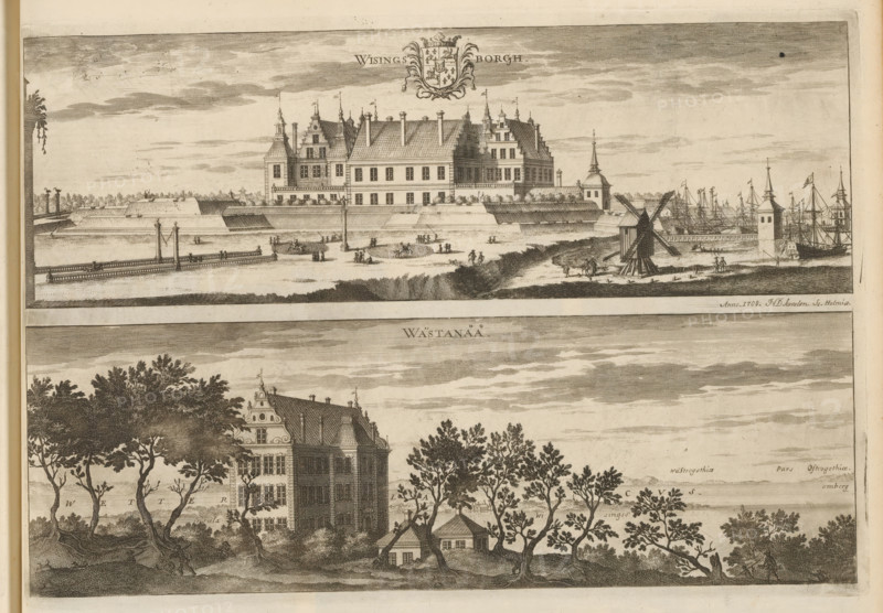 Wisingsborgh, Wästanåå, View of Visingsborg Castle and Västanå Castle, Suecia Antiqua et Hodierna, print, album page, printmaker: Johannes Jacobsz van den Aveele, Stockholm, supervision: Erik Jönssen Dahlberg, 1708, paper, etching, height 263 mm x width 382 mm, city-view in general, 'veduta', Slot Västanå (Småland), Visingsö, Fishing bail, An engraving showing two horizontal scenes stacked one above the other, the upper scene depicting a large multi-gabled stone building with steep tiled roofs and chimneys set behind stepped earthworks and fortifications along a waterfront, small human figures walking on pathways, a wooden windmill with sails near the shore, several masted ships docked at piers with towers and flags, and a decorative coat of arms in the sky above; the lower scene showing a tall ornate mansion with patterned roof and dormer windows partially obscured by leafy trees in the foreground, a smaller house nearby, more scattered trees and vegetation across a gently sloping lan...