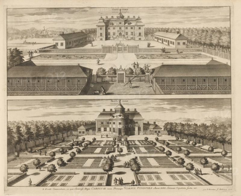 View of Skottorp Castle, from the east and south, Skottorp versus Occasum, Skottorp meridiem versus, Suecia Antiqua et Hodierna, print, album page, printmaker: Johannes Jacobsz van den Aveele, Stockholm, supervision: Erik Jönssen Dahlberg, 1710, paper, etching, height 285 mm x width 349 mm, city-view in general, 'veduta', Slot Skottorp, A sepia-toned engraving showing two views of a formal estate with a central mansion, flanked by symmetrical outbuildings, fenced courtyards, terraces, and landscaped gardens; the upper portion depicts a raised rectangular terrace with a gated entrance, balustrades, long narrow water features, rows of trees in the background and small human figures walking or standing, with a body of water and sailing boats beyond; the middle section shows a grand gated entry with pathways, garden beds, clipped trees, and people near the gate and on the paths; the lower portion presents a detailed parterre with geometric beds, aligned paths, trimmed trees, scattered figu...