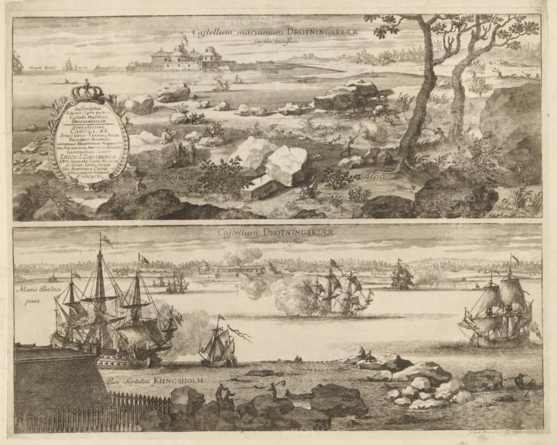 Castellum maritimum Drottningskiaer versus occasum, Castellum Drottningskiaer orientem versus, View of Drottningskär Castle, from the west and east, Suecia Antiqua et Hodierna, print, album page, printmaker: Johannes Jacobsz van den Aveele, Stockholm, supervision: Erik Jönssen Dahlberg, 1710, paper, etching, height 289 mm x width 355 mm, castle, Drottningskär Castle, A detailed engraved scene showing a coastal landscape with rocky shorelines and scattered vegetation in the foreground, including grasses, shrubs, and a few twisted trees on the right; large rocks and boulders dot the shoreline and there are small human figures among the rocks, some standing and some seated; a decorative framed cartouche topped with a crown is positioned on the left among the rocks; beyond the shore a body of water stretches across the image with several sailing ships and smaller boats on the water, some with billowing sails and others emitting plumes of smoke; in the distant midground a fortified structur...