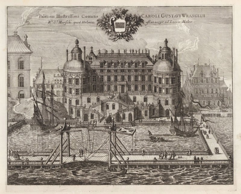 Palatium Illustrissimi Comitis Caroli Gustavi Wrangelii R:ni S:æ Marschi, quod Holmiae est, et vergit ad Lacum Meler, Palace of Carl Gustaf Wrangel from Lake Mälaren, Suecia Antiqua et Hodierna, print, album page, printmaker: Jean Lepautre, supervision: Erik Jönssen Dahlberg, 1670 - 1674, paper, etching, height 277 mm x width 341 mm, Stockholm, Södermalm, Riddarholmen, Lake Mälaren, Palace of Carl Gustaf Wrangel, A detailed ink engraving of an ornate waterfront palace complex seen from across the water, featuring a central multi-story building flanked by two large domed towers with decorative finials, symmetrically arranged windows, balconies, and external staircases; quays and piers extend into the water with ships moored alongside, tall masts and rigging visible, and small rowboats and gondola-like craft in the choppy water; decorative balustrades and walkways along the waterfront are populated by many small human figures in period clothing, some standing and some walking; architectu...