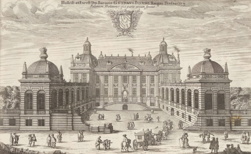 Palace of Gustaf Bonde in Stockholm, Illustriss: et Excell: Dn. Baronis Gustavi Bonde Regni Thesaurarij Palatium Holmense qua parte aream spectat, Suecia Antiqua et Hodierna, print, album page, printmaker: Jean Marot (I), supervision: Erik Jönssen Dahlberg, 1668, paper, etching, height 246 mm x width 375 mm, palace, Stockholm, Södermalm, Gamla stan, Palace of Gustaf Bonde, A detailed engraving of a grand palace courtyard viewed from the front, featuring a central building with a high façade, ornate pediment, and flanked by symmetrical wings with domed pavilions topped by decorative urns. The architecture shows rows of tall windows, pilasters, balustrades, and statues along the roofline, with a central arched doorway reached by a short flight of steps. The courtyard contains groups of people in period clothing engaged in walking, talking, and socializing, along with a horse-drawn coach and mounted riders. Trees are visible behind the side wings, and the sky above is filled with horizont...