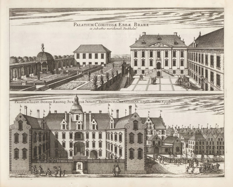 View of the palaces of Ebba Brahe and Bengt Oxenstierna, Palatium Comitissae Ebbae Brahe in Suburbio meridionali Stockholm, Palatium Illust: Domini Regniq: Sueciae Senatoris Benedicti Oxenstierna in Insula Ordinis Equestris, Suecia Antiqua et Hodierna, print, album page, printmaker: Jean Marot (I), supervision: Erik Jönssen Dahlberg, 1670, paper, etching, height 276 mm x width 346 mm, palace, Stockholm, Södermalm, Riddarholmen, Hessenstein Palace, Ebba Brahe Palace, The image shows a detailed black and white architectural engraving of an urban scene with multiple connected buildings featuring ornate facades, steeply pitched and tiled roofs, decorative gables, and rows of windows with shutters. A central courtyard area with a patterned paved surface is visible, bordered by stone steps and balustrades, and populated by small groups of people in period dress. To the left of the courtyard there is a formal garden with geometric planting beds, decorative urns, clipped trees, and a domed pav...