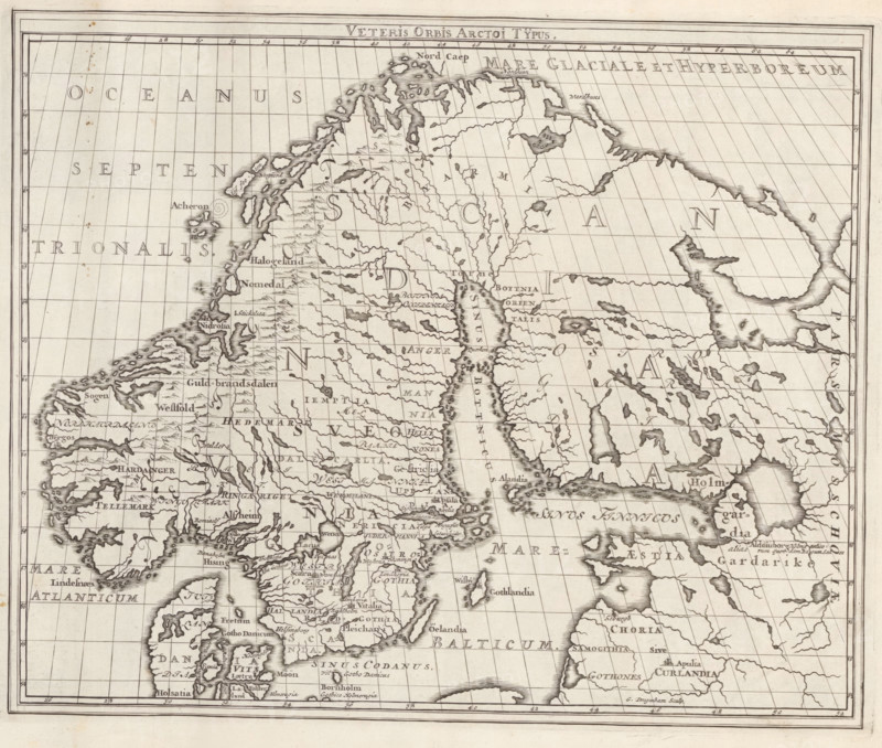 Veteris Orbis Arctoi Typus, Map of the Scandinavian Countries in Ancient Times, Suecia Antiqua et Hodierna, print, album page, folder, printmaker: Gerrit Drogenham, supervision: Erik Jönssen Dahlberg, 1695, paper, engraving, height 272 mm x width 334 mm, maps, atlases, Scandinavia, An antique-style engraved map showing a coastal and inland landscape with detailed shorelines, islands, peninsulas, rivers and lakes, a grid of parallel latitude and longitude lines, numerous small topographic symbols for mountains and hills, shaded coastal contours, and many clustered place labels rendered in small script; the map has a plain border with surrounding ruled lines and age spots and foxing on the paper, and the engraving exhibits fine linework and stippled shading throughout.