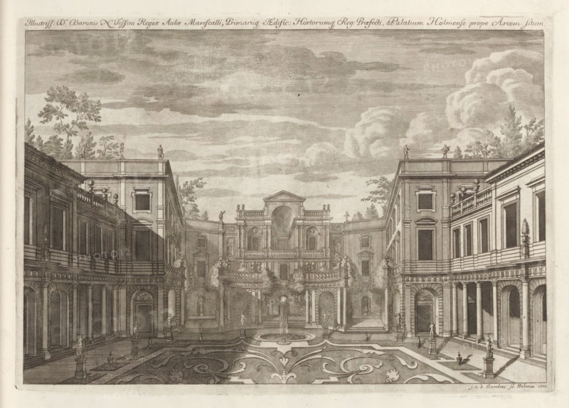 Courtyard and palace of Nicodemus Tessin the younger, looking south, Illustriss: D:ni Baronis N. Tessini Regiae Aulæ Marescalli Primariiq: Aedific: Hortorumq: Reg: Praefecti, Palatium Holmense prope Arcem situm, Suecia Antiqua et Hodierna, print, album page, printmaker: Johannes Jacobsz van den Aveele, Stockholm, supervision: Erik Jönssen Dahlberg, 1702, paper, etching, height 234 mm x width 335 mm, palace, Södermalm, Gamla stan, Palace of Nicodemus Ticino, A detailed engraved view of a formal courtyard flanked by symmetrical multi-story buildings with colonnades, balustrades, and arched openings, featuring ornate façades, pilasters, and window frames; a central terrace rises toward an elaborate pavilion with decorative statues and niches, while a patterned paved foreground surrounds a round fountain with a vertical water jet; statues on pedestals and figures populate the courtyard and rooflines, and trees and cloud-filled sky are visible above the buildings.