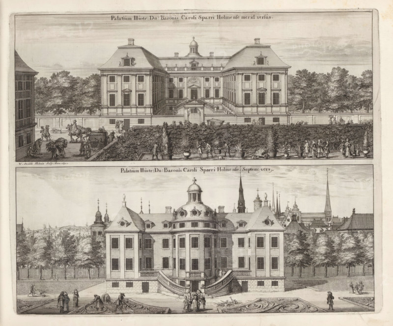 Palatium Illustr. D:n Baronis Caroli Sparri Holmense merid versus, Septem: versus, Palace of Carl Larsson Sparre, from the south and the north, Suecia Antiqua et Hodierna, print, album page, printmaker: Willem Swidde, supervision: Erik Jönssen Dahlberg, 1692, paper, etching, height 284 mm x width 344 mm, palace, Stockholm, Södermalm, Riddarholmen, A detailed engraved image of a grand baroque building seen from the front, showing a symmetrical facade with tall windows, mansard roofs with dormer windows, and a central dome; broad staircases curve down from a raised entrance to a paved forecourt with ornate parterre gardens and manicured hedges; groups of people in period clothing are scattered across the scene, some walking, others conversing, and a few handling carts or tending the gardens; trees and a high wall form a backdrop behind the building, and additional architectural elements and rooftops are visible beyond the treeline.