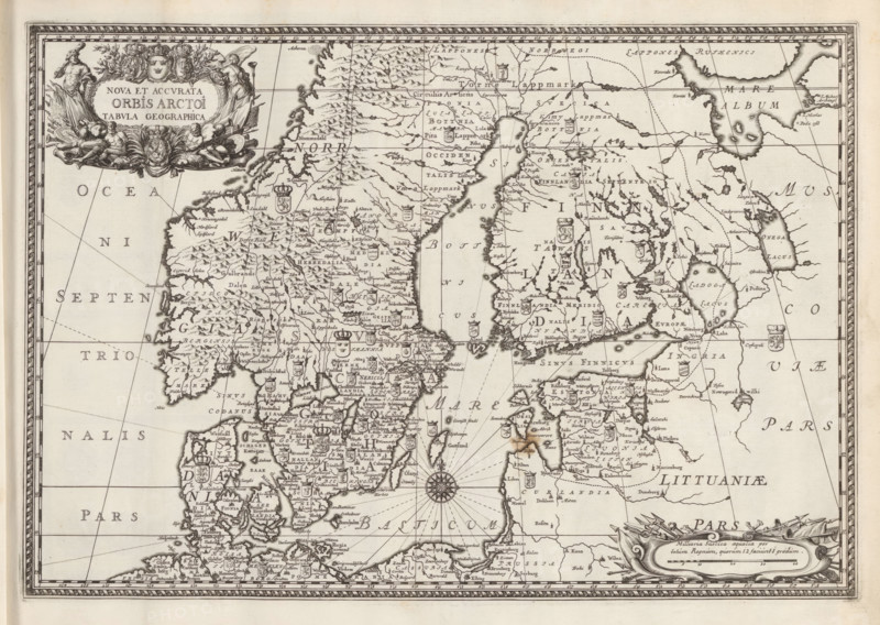 Map of the Scandinavian countries in the modern era, Nova Et Accurata Orbis Arctoi Tabula Geographica, Suecia Antiqua et Hodierna, print, album page, folder, printmaker: de Reuter, supervision: Erik Jönssen Dahlberg, 1696, paper, engraving, height 261 mm x width 382 mm, maps, atlases, Scandinavia, An ornate antique map printed in black ink on aged paper showing a coastal region with islands, peninsulas, rivers, and mountain symbols, framed by a decorative border; heraldic shields and small cartouches appear scattered across the land areas, along with a detailed compass rose in the sea and radiating navigation lines; an elaborate title cartouche with figures and floral ornamentation occupies the upper left, and another decorative cartouche sits near the lower right; coastlines are finely drawn with numerous place markers and stylized topographical hatching, and the overall image has a sepia tone from the aged paper.