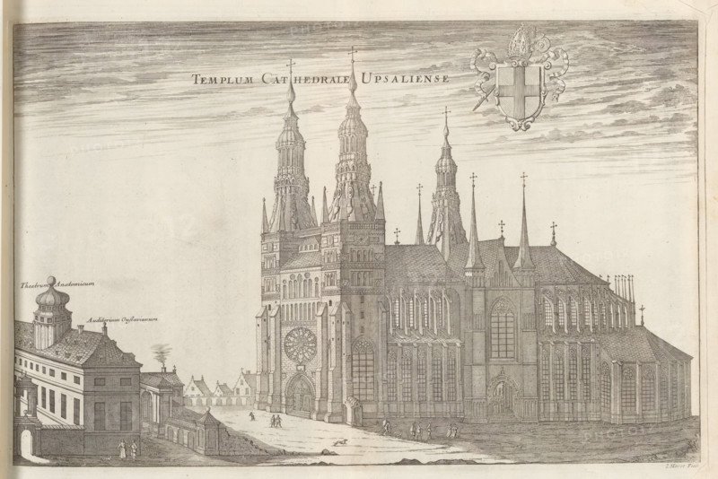 View of Uppsala Cathedral, Templum Cathedrale Upsaliense, Suecia Antiqua et Hodierna, print, album page, View of Uppsala Cathedral with the anatomical theater and the Gustavianum on the left., printmaker: Jean Marot (I), supervision: Erik Jönssen Dahlberg, 1670, paper, etching, height 245 mm x width 379 mm, church (exterior), Uppsala (city), Cathedral (Uppsala), Gustavianum, A detailed engraved view of a large cathedral with tall ornate towers and spires rising from a steeply pitched roof, featuring many narrow arched windows, tracery, buttresses, and a prominent circular rose window above a large arched entrance; the stone façade shows layered architectural decoration and sculptural details. To the left, lower buildings with pitched roofs and a domed tower sit adjacent to the cathedral, connected by a wall and gate leading into a courtyard. Small groups of people are depicted walking or standing in the open space in front of the cathedral, and a dog is visible on the ground. The sky i...