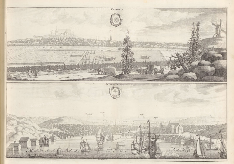 Enekopia, Norr Telge, View of Enköping and Norrtälje, Suecia Antiqua et Hodierna, print, album page, printmaker: Erik Reitz, supervision: Erik Jönssen Dahlberg, 1695, paper, etching, height 257 mm x width 371 mm, city-view in general, 'veduta', Enköping, Norrtälje, A detailed engraved scene shows a panoramic view divided into two horizontal sections; the upper portion features a rural landscape with fields, fences, scattered haystacks, and a town on the horizon with clustered rooftops and a prominent church building, while the foreground includes a dirt road with two walking figures, a cart loaded with hay drawn by an animal, another horse and carriage, rocky outcrops, tall slender trees, and a windmill on a distant hill; the lower portion presents a busy harbor scene with multiple sailing ships of various sizes, smaller boats on the water, waterfront buildings along the shoreline, rigging and billowing sails, and distant town roofs and hills under a sky filled with light cloud shading...