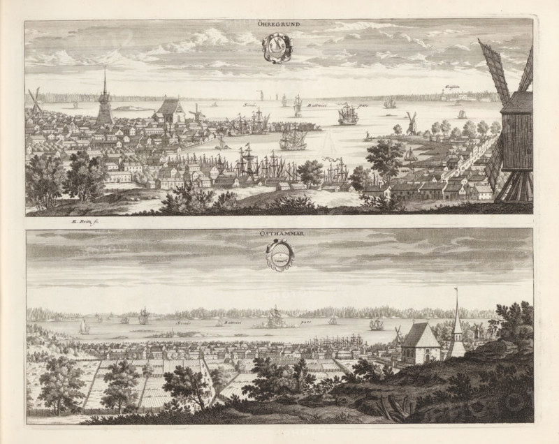 View of Öregrund and Östhammar, Öhregrund, Östhammar, Suecia Antiqua et Hodierna, print, album page, printmaker: Erik Reitz, supervision: Erik Jönssen Dahlberg, 1695, paper, etching, height 265 mm x width 331 mm, city-view in general, 'veduta', Öregrund, A wide engraving divided into two horizontal scenes shows coastal town views with waterfronts, many small buildings with pitched roofs, clustered trees, and numerous sailing ships in the water. The upper scene features a densely built town along a shoreline with tall church spires, windmills, rows of houses, trees framing the foreground, and sailing vessels of various sizes at anchor and under sail. The lower scene presents cultivated fields and tree-lined paths leading toward another town along the coast, with a prominent church with a steeple on a hill, rows of houses near the water, and ships dotting the bay beyond a tree-covered foreground. The overall image is monochrome with fine line engraving details, textured skies, and decora...