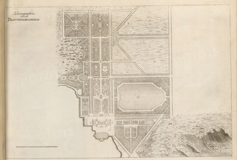 Map of Drottningholm estate, Ichonographia Arcis Drottningholmensis, Suecia Antiqua et Hodierna, print, album page, printmaker: Martin Mytens (I), supervision: Erik Jönssen Dahlberg, 1695, paper, etching, height 262 mm x width 387 mm, plan, architecture, map of garden, Lovön, Slot Drottningholm (Lovön), A detailed bird's-eye plan of a formal garden and surrounding landscape rendered in fine sepia lines, showing geometric garden beds, tree-lined avenues, symmetrical pathways, and ornamental parterres arranged around a large central rectangular pool with an oval end and a circular feature at its center; adjoining sections include ornate formal beds with circular and rectangular motifs, terraces, and axial walkways flanked by evenly spaced trees, as well as triangular planting areas and small circular plazas; the left and lower edges reveal building footprints with courtyards and entrances, while the right and lower right areas depict a textured natural terrain with undulating hills and s...
