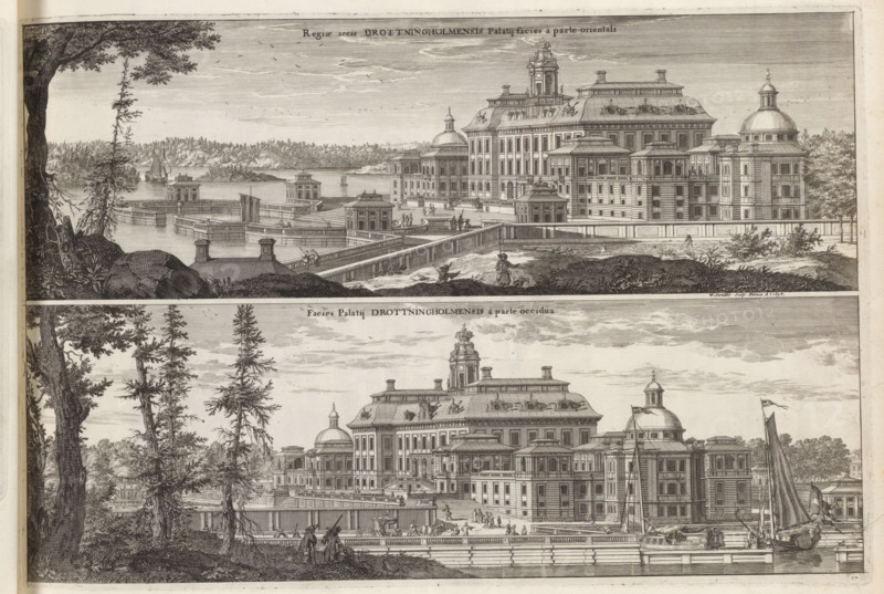 East side and west side of Drottningholm Castle, Regiae arcis Drottningholmensis Palatij facies à parte orientali, Facies Palatij Drottningholmensis à parte occidua, Suecia Antiqua et Hodierna, print, album page, printmaker: Willem Swidde, Stockholm, supervision: Erik Jönssen Dahlberg, 1694, paper, etching, height 259 mm x width 387 mm, palace, Lovön, Slot Drottningholm (Lovön), A detailed monochrome engraving showing two horizontal views of a large classical palace complex by water, with the upper view framed by trees and rocky foreground and the lower view focused more on the palace and waterfront activity. The palace features multiple domes, a central ornate tower, rows of tall windows, and symmetrically arranged wings with balustrades and decorative rooflines. Stone terraces, piers, and low walls extend into the water, creating enclosed harbors with small buildings and boats moored alongside. Figures in period clothing are scattered on the terraces and embankments, some walking, so...