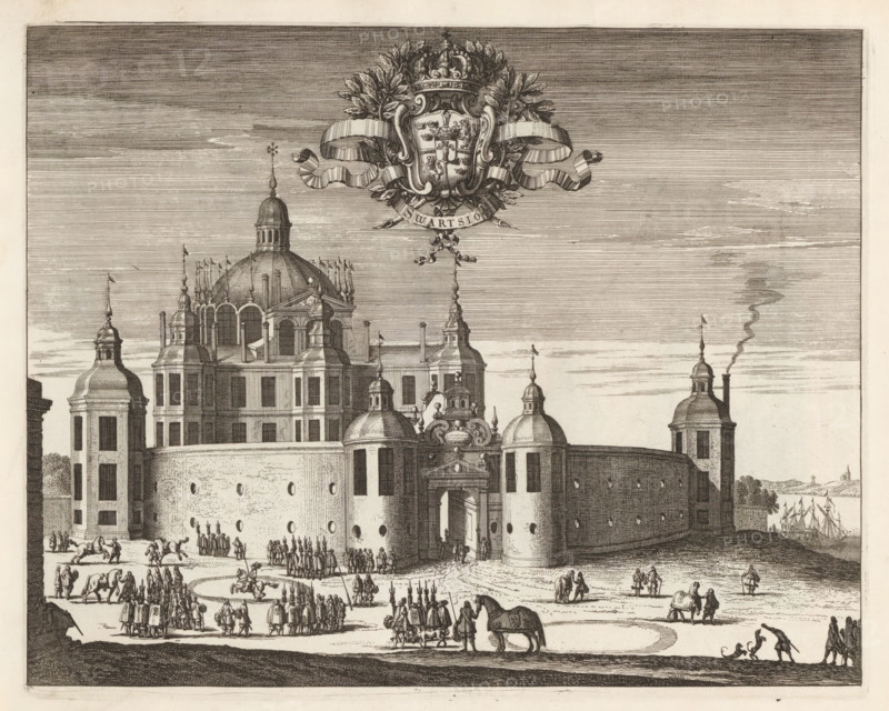 Palace of Svartsjö, Swartsiöö, Suecia Antiqua et Hodierna, print, album page, printmaker: Jean Lepautre, supervision: Erik Jönssen Dahlberg, 1669, paper, etching, height 269 mm x width 337 mm, palace, Slot Svartsjö, Svartsjö, A detailed black and white engraving of a large fortified building with rounded towers and a central domed structure topped by smaller domes and spires, a decorative crest with flowing ribbons floating above the domes, a tall flagstaff rising from the central dome, and groups of people and mounted figures gathered in the open area before the fortress; ships are visible on the distant water at the right, smoke rises from a chimney near one tower, and the sky is filled with fine horizontal etching lines.