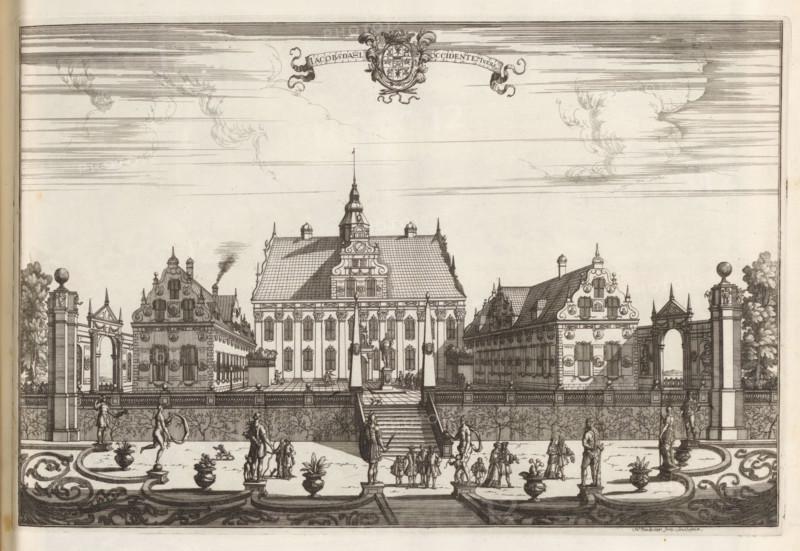 Jacobsdahl occidentem versus, West side of Ulriksdal Castle, Suecia Antiqua et Hodierna, print, album page, printmaker: Herman Padtbrugge, Stockholm, supervision: Erik Jönssen Dahlberg, 1686, paper, etching, height 250 mm x width 375 mm, palace, Solna, Slot Ulriksdal, An architectural engraving showing a symmetrical courtyard fronted by a raised terrace and broad central steps leading to a grand building with a steep tiled roof, central pediment, and a towered cupola; flanking wings with ornate gables and numerous windows extend to either side, connected by balustrades and decorative gates topped by spherical finials on tall piers; the foreground features a formal parterre with sculpted figures on plinths, ornamental urns, and groups of people in period dress engaged in walking and conversation; the sky above contains linear shading and stylized clouds.