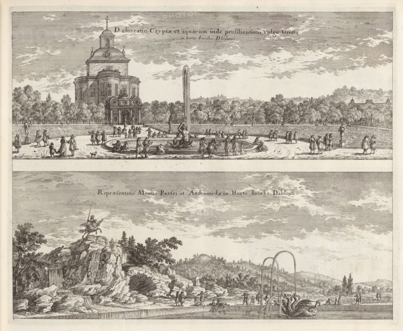 Fountain with a Triton and the Rock of Andromeda in the park at Ulriksdal Castle, Delineatio Cryptae et aquarum inde prosilientium, vulgo Grotta in horto Iacobs Dhalensi Repraesentatio, Montis Persei et Andromedæ in Horto Iacobs Dahlensi, Suecia Antiqua et Hodierna, print, album page, printmaker: Adam Perelle, supervision: Erik Jönssen Dahlberg, 1668, paper, etching, height 277 mm x width 343 mm, garden, Perseus and Andromeda, palace, Solna, Ulriksdal Castle, A wide engraved scene showing a formal garden and a rocky landscape separated by a horizontal band, with the upper section featuring a circular fountain plaza edged by low walls and pathways, a tall vertical water jet rising from a central sculpture of a reclining figure with flowing drapery, and a domed pavilion with ornate architectural detailing set behind a row of trees, numerous small figures in period dress walking and conversing around the fountain and along the terrace, sculpted statues on pedestals flanking the plaza, and...