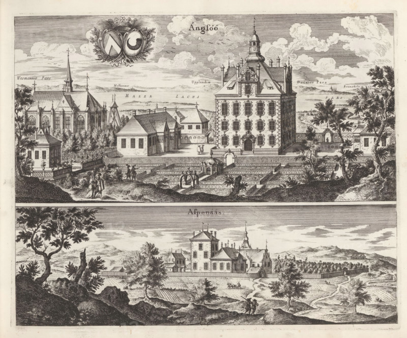 View of Ängsö Castle and the mansion Aspnäs, Ängsöö, Aspenääs, Suecia Antiqua et Hodierna, print, album page, printmaker: Adam Perelle, supervision: Erik Jönssen Dahlberg, 1670 - 1674, paper, etching, height 276 mm x width 341 mm, palace, Västeras, Slot Ängsö, Herenhuis Aspnas, A detailed engraving showing two horizontal scenes stacked, the upper scene featuring a large ornate building with a tall central tower and multiple rows of windows next to a church with pointed spire and tall arched windows, surrounded by smaller structures, walled formal gardens with geometric beds and fountains, several standing and walking figures on paths, and trees framing the composition, with clouds and distant shoreline in the background; the lower scene depicting a country estate with a multi-story house topped by a tower and decorative roof elements, flanked by smaller outbuildings, enclosed by a fence, set in a rolling landscape with trees, winding paths, cultivated fields, and small groups of people...