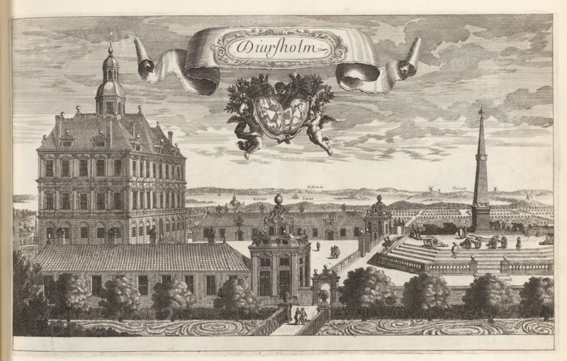 View of Djursholm Castle, Diursholm, Suecia Antiqua et Hodierna, print, album page, printmaker: Jean Lepautre, supervision: Erik Jönssen Dahlberg, 1669, paper, etching, height 235 mm x width 377 mm, Djursholm Castle, An engraved scene showing a large multi-story stone building with many windows and a steep tiled roof topped by a domed tower, adjacent lower wings and a central courtyard with formal pathways and decorative parterres, rows of trees and sculpted garden beds in the foreground, a grand columnar obelisk set on a raised stepped platform with cannons and carriages nearby, small groups of walking figures scattered through the courtyard and on paths, ornate architectural details on gatehouses and roof balustrades, a pair of cherubic figures holding a pair of crowned shields suspended beneath a large flowing ribbon-like cartouche in the sky, distant low hills and a wide body of water on the horizon, and a sky filled with layered clouds.