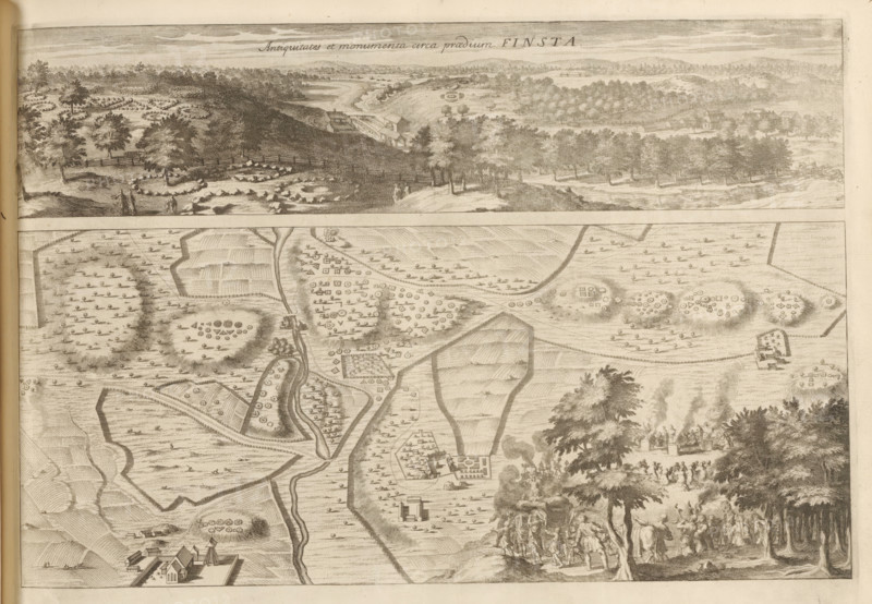 Panorama and map of the antiquities in Finsta, Antiquitates et monumenta circa praedium Finsta, Suecia Antiqua et Hodierna, print, album page, printmaker: Johannes Jacobsz van den Aveele, supervision: Erik Jönssen Dahlberg, 1708, paper, etching, height 267 mm x width 378 mm, landscape with monument, Norrtälje, Finsta, A wide engraved scene divided into horizontal sections showing a panoramic landscape above and a detailed map-like view below, rendered in fine monochrome lines. The top strip depicts rolling hills, clusters of trees and groves, fenced fields, a river or stream winding through the terrain, scattered buildings including houses and barns, and small groups of human figures walking near tree-lined paths. The lower larger area shows a stylized plan of fields and enclosures with hedged or raised mounds, geometric garden plots, meandering roads and streams, isolated buildings and farmsteads, and numerous small tree symbols arranged in rows and clusters. In the right foreground a...