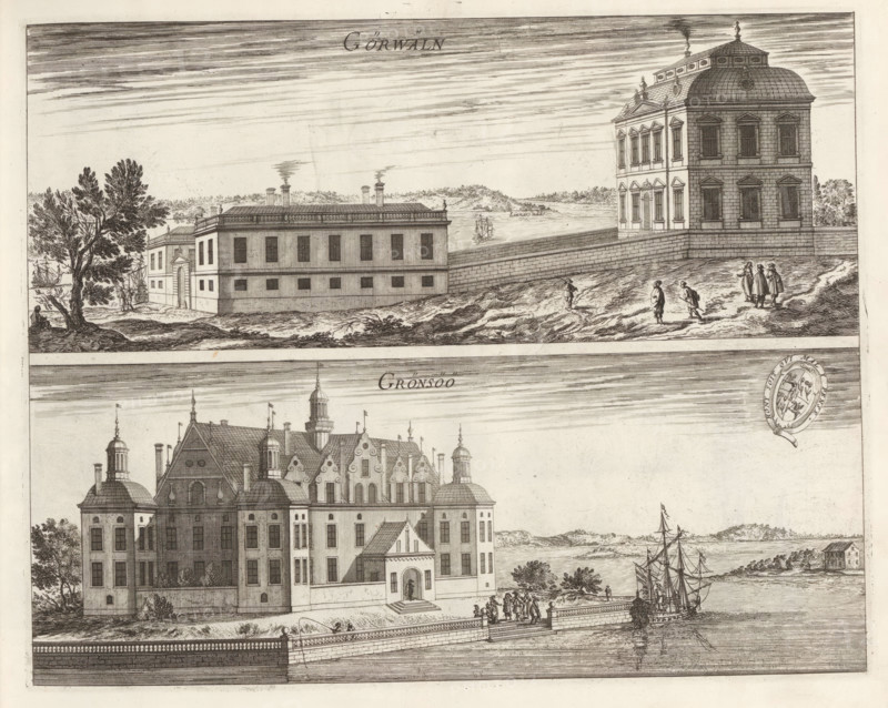 Görwäln, Grönsöö, View of Görväln manor and Grönsö manor, Suecia Antiqua et Hodierna, print, album page, printmaker: Jean Marot (I), supervision: Erik Jönssen Dahlberg, 1670, paper, etching, height 271 mm x width 344 mm, housing, Enköping, Landhuis Görväln, Landhuis Grönsö, A detailed engraving showing two architectural views stacked vertically, each depicting large, multi-story buildings with ornate roofs, decorative gables, domed towers, and rows of windows; the upper view shows a long rectangular building with a flat roof and chimneys beside a taller, square building with a rounded roof and decorative cornices, set on sloping ground with small groups of people standing and walking nearby and a tree to the left and a ship on the distant water; the lower view shows a grand mansion with symmetrical façades, steep decorative rooflines, turrets, and an arched entrance with a figure in the doorway, a waterfront promenade with people gathered and a sailing ship moored at the quay, and dist...
