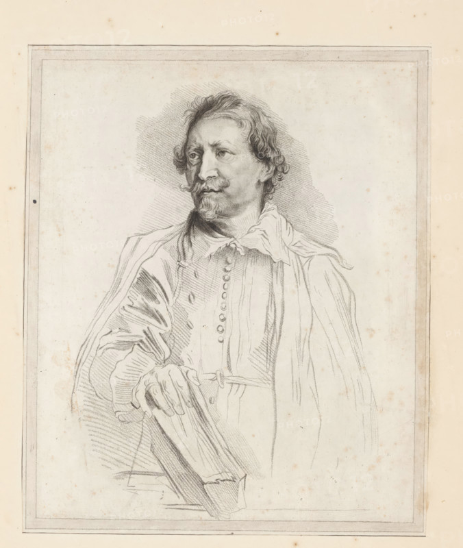 Portrait of Casper Gevartius, print, album page, printmaker: William Baillie, after drawing by Anthony van Dyck, 1753 - 1810, paper, print drawing, crayon manner, paste, etching in crayon manner, pasted on album page, height 302 mm x width 248 mm, Person, Jean Gaspard Gevartius, A pencil portrait of a man shown from the waist up within a rectangular border, rendered on aged paper with small brown spots; he has wavy hair, a mustache and pointed beard, and an expressive face turned slightly to one side; he wears a loose collared shirt with a draped cloak over one shoulder, a row of buttons visible on his chest, and his hand rests on a folded object that appears to be a book or a similar rectangular item; cross-hatched shading defines the contours of his face, hair, clothing, and the background.