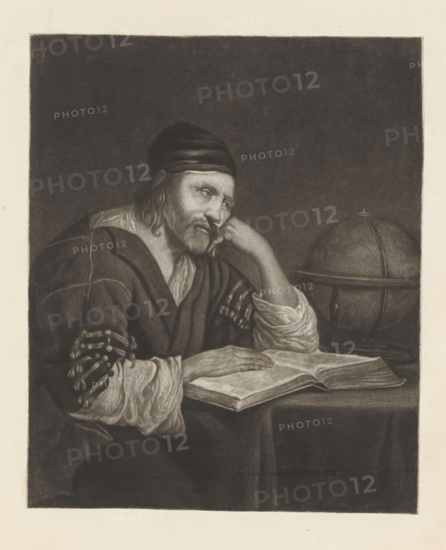Geographer, print, album page, A man sits at a table. His right hand rests on an open book. His other hand is under his cheek. Next to him stands a globe., printmaker: William Baillie, after painting by Gerard ter Borch (II), 1753 - 1810, paper, paste, etching, mezzotint, mezzotint and etching, pasted on album page, height 269 mm x width 221 mm, globe, book - MM - book open, sitting figure, A seated bearded man wearing a dark head covering and a loose robe rests his head on one hand while the other hand lies on an open book on a table, and a globe sits beside him.