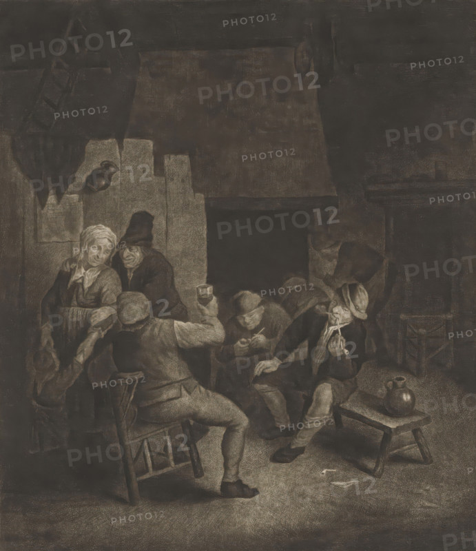 Peasant interior with eight people, print, album page, An interior with eight peasants. A man is sitting on a bench smoking a pipe. Next to him stands a jug. The man opposite him raises his glass to a man and woman with child., printmaker: William Baillie, after painting by Adriaen van Ostade, 1767, paper, etching, paste, etching pasted on album page, height 261 mm x width 225 mm, farmers, drinking, pipe, tobacco, A dimly lit interior scene shows a group of people gathered around a hearth area with a dark chimney or opening at the center; several seated figures wear hats and simple clothing and are engaged in various small actions such as holding a cup, leaning together, or examining something in their hands, while one person sits on a wooden stool with a turned back visible and another figure stands near the left with a headscarf and apron; rough stone or plaster walls form the backdrop with a hanging jug and a ladder leaning in the upper left, a small wooden bench with a rounded pitc...