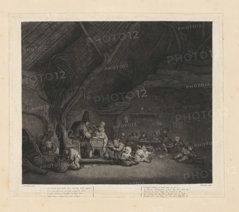 Interior of a school, print, album page, Interior with children, sitting on the floor and on low benches at a table. Several children are reading from a book. Other children are at the teacher's table. In the foreground on the left, a boy is raiding a basket. In the bottom margin, nine lines of text in English., printmaker: William Baillie, after painting by Adriaen van Ostade, 1753 - 1810, William Baillie, Adriaen van Ostade, printmaker, after painting by, paper, pasting, etching, stippling, etching and stippling pasted onto album page, height 235 mm x width 275 mm, elementary school, class, form, A dark, detailed etching framed by a light margin shows an interior with a high, angled ceiling and visible beams; a large bundle of straw or hay hangs near the ceiling. In the foreground, a group of children sit and kneel on the floor and benches, some holding books or slates and others looking toward an adult man who leans over a small desk or box; the man wears a tall hat and coat. Variou...