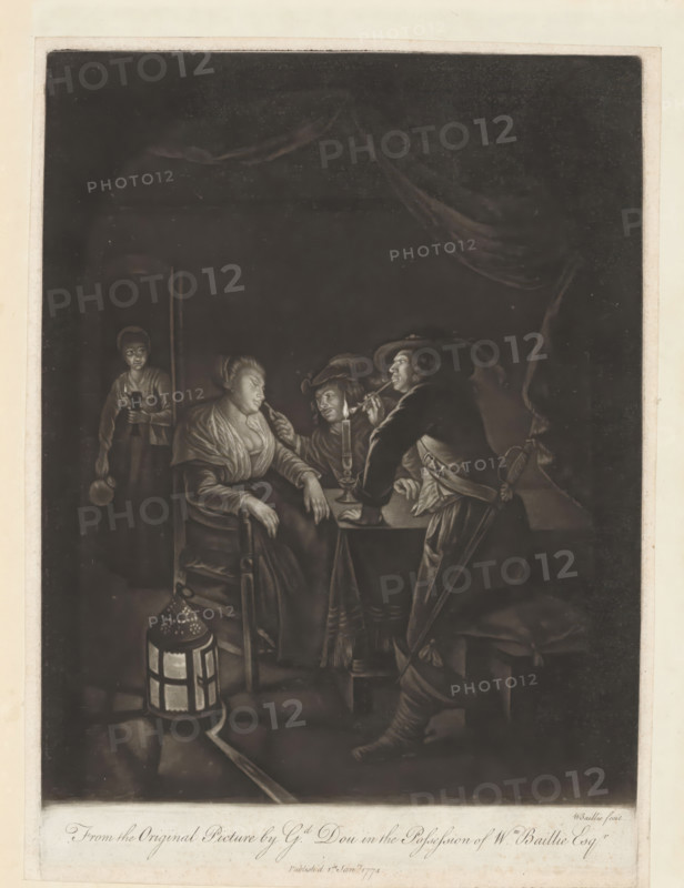 Interior with sleeping woman, print, album page, An interior with two soldiers wearing feathered hats. The man on the right holds his pipe to the flame of a candle. The other holds his pipe under the nose of a sleeping woman or tickles her with a straw. A lamp stands in the foreground on the left., printmaker: William Baillie, after painting by Antoine Lenain (l'aîne), 1774-01-01, William Baillie, Antoine Lenain (l'aîne), paper, paste, mezzotint, mezzotint pasted onto album page, height 360 mm x width 267 mm, pipe, tobacco, sleeping in chair, A dimly lit interior scene showing four people gathered around a small table with a candle. A seated woman in a shawl leans slightly forward with eyes closed and hands resting on her lap and the back of a chair. A man facing her holds a pipe near his mouth and leans toward the candle, wearing a broad hat and a sash with a sword hanging at his side. Another man between them, also leaning in, appears to be adjusting or touching something near the se...