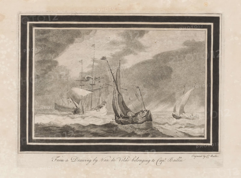 Four sailing ships, print, album page, printmaker: William Baillie, after drawing by Willem van de Velde (II), 1753 - 1810, paper, print drawing, etching, roulette, etching and roulette, height 192 mm x width 255 mm, laundering, sea (seascape), A rectangular framed etching depicts a stormy seascape with several sailing vessels on choppy waters beneath a cloudy sky. The central foreground shows a larger ship with furled and partially raised sails, masts and rigging visible, and figures on deck leaning into the motion of the vessel. To the left a second ship with billowing sails and tall masts appears partially obscured by waves and atmospheric shading. On the right smaller boats with triangular sails cut across the water, their hulls tilting as they move. Dark, densely hatched clouds dominate the upper area of the scene, while the sea is rendered with textured strokes indicating waves and foam. A bold multi-lined border surrounds the scene, and the overall paper shows a worn, aged appea...