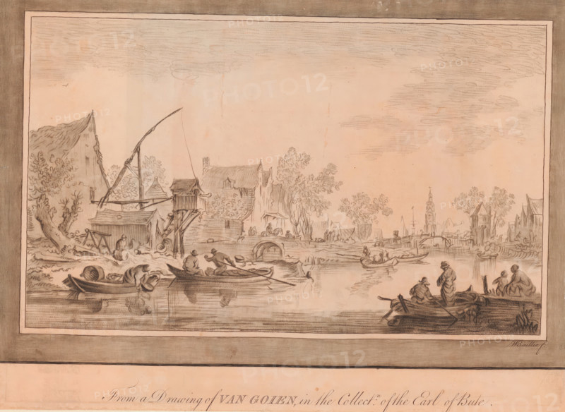 River view between Alphen and Leiden, River view, print, album page, Landscape with a river near a village. Various boats on the river. In the background on the right a church building., stamp: 'GR Duty ... Paper 54 Stained', printmaker: William Baillie, after drawing by Jan van Goyen, 1753 - 1810, paper, paste, print drawing, etching, crayon manner, rocker stamped, etching in crayon manner, etching and rocker, printed on prepared pink paper, pasted onto album page, height 226 mm x width 309 mm, river, city-view, and landscape with man-made constructions, A wide sepia-toned drawing framed by a darker border shows a riverside scene with small boats on calm water and figures seated or rowing in them, a cluster of simple buildings and wooden structures along the shore, trees with leafy canopies, a crane-like apparatus on the bank, scattered barrels and wooden debris near the water, distant spires and towers on the skyline, reflections of boats and figures in the water, and a cloudy sky ab...