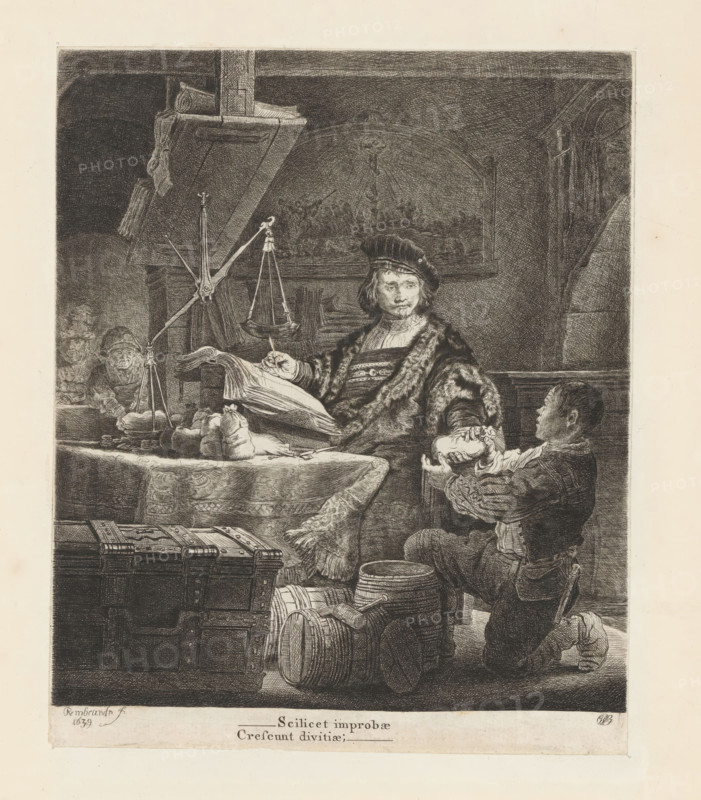 Goudweger, Jan Wtenbogaert, print, album page, A well-dressed man in a fur coat and beret sits at a table, writing in a ledger. He hands a bag to a man kneeling beside him. In the foreground, a chest and several barrels. On the wall hangs a painting depicting Moses and the bronze serpent., printmaker: William Baillie, after painting by Rembrandt van Rijn, 1753 - 1810, paper, paste, etching, drypoint, etching and drypoint, pasted on album page, height 249 mm x width 204 mm, Person, A detailed black and white etching shows an interior scene with a seated man wearing a fur-lined robe and a hat, holding a pen above an open ledger on a draped table; a large scale with hanging pans stands beside him, and sacks and a ledger rest on the table surface. A kneeling boy faces the seated man while offering a head of a smaller figure, and barrels, buckets, and a chest occupy the foreground near a curtained fabric. In the background a framed painting or tapestry with an arched top hangs on the wall, ...