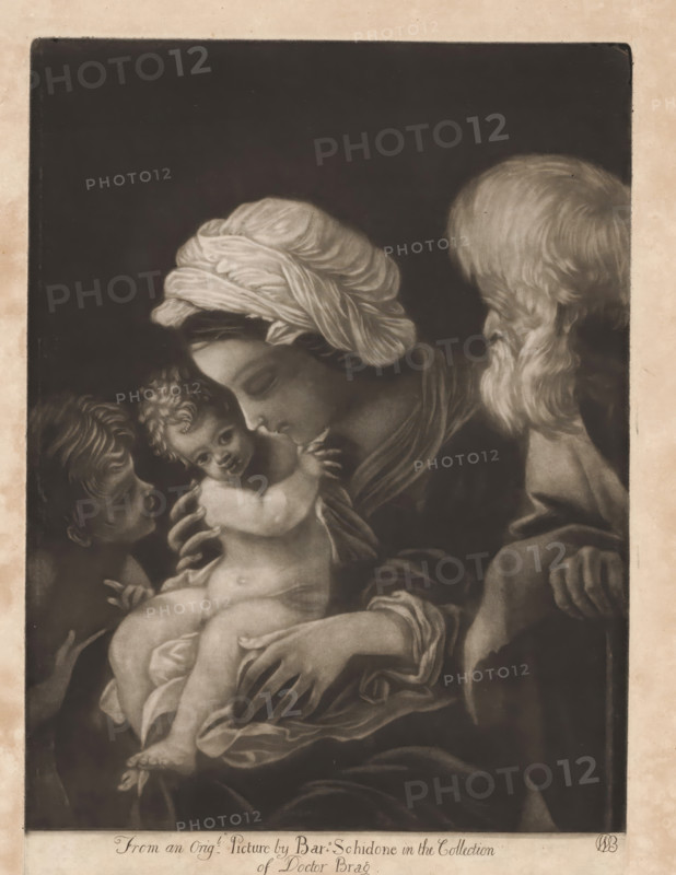Holy Family with John the Baptist, print, album page, The Holy Family with Mary holding the Christ Child on her lap. With Joseph on the right, leaning on a staff, and John the Baptist as a child on the left., printmaker: William Baillie, after painting by Bartolomeo Schedoni, 1753 - 1810, paper, mezzotint, etching, mezzotint and etching, height 361 mm x width 255 mm, representations derived from Holy Family, A sepia-toned framed image of a woman wearing a wrapped head covering holding a naked infant, the woman leaning her face close to the child's head, the infant looking outward with curled hair and one arm raised, a young person to the left gazing toward the child, and an older bearded figure to the right looking downward; folds of cloth and drapery surround the figures and the scene is set against a dark background with a light border.