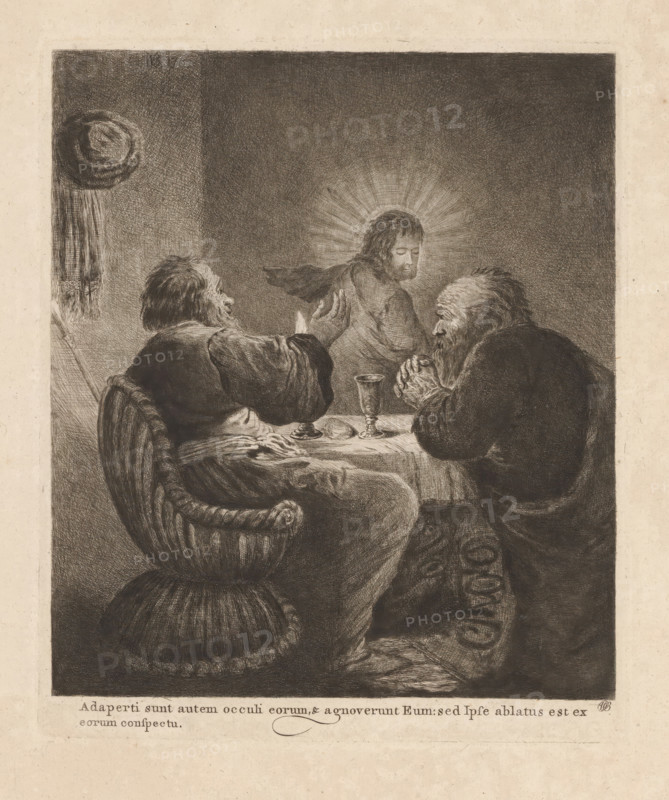 Meal at Emmaus, print, album page, Two men sit at a table in a simple interior. One raises his hands in amazement. The other folds his hands as he recognizes Christ., printmaker: William Baillie, 1761, paper, etching, drypoint, etching and drypoint, height 252 mm x width 210 mm, According to the table of contents in this album, this print was made after the design by Segers (see BI-1935-674-61)., the supper at Emmaus: Christ is recognized while blessing or breaking the bread, A dark sketch shows three seated figures around a table covered with a cloth, two older men facing each other with hands clasped or raised and a younger figure between them with a halo of radiating light around the head; a goblet and small round objects sit on the table, the men wear heavy textured garments and one sits in a carved rounded chair with a fluted base, while a circular hat hangs on the wall and heavy shading fills the background.